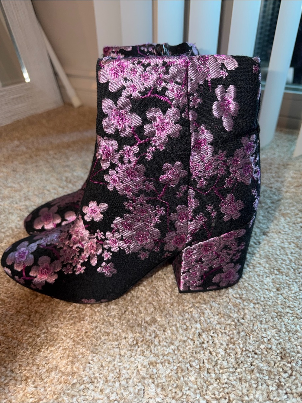 Sam Edelman Black & Pink Floral Block Heel Ankle Boots